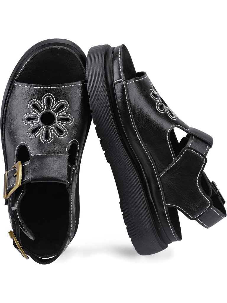 Women's Black Flat Open Toe Flower Decoration Fisherman Platform Sandal Shoes
